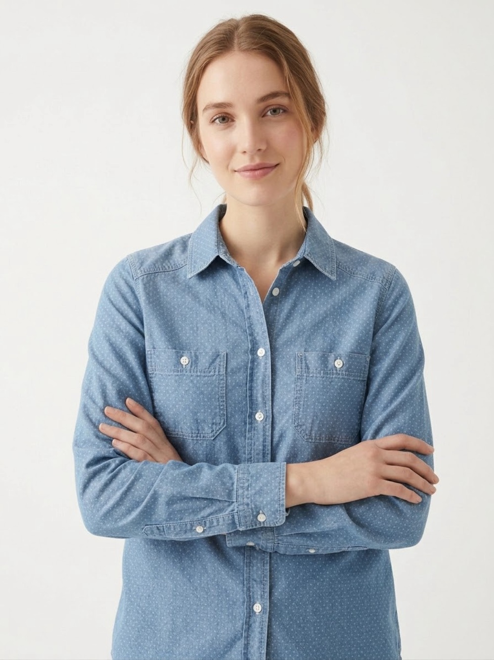 Max Mara Weekend Denim Shirt Polka Dot Button Down Blue Cotton Tops Small 170/92